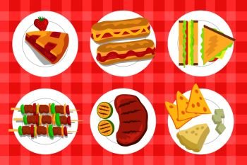 Pie and picnic dishes set, plates and hot dogs, steak and cheese, brochettes and sandwich, picnic vector illustration isolated on squared background. Pie and Picnic Dishes Set Vector Illustration