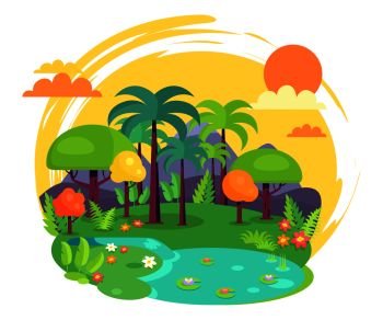 Indian jungle with thick leafy trees, tall palms, fresh grass, thin stream that goes into small lake and massive rocks behind vector illustration.. Indian Jungle Full of Green Trees Illustration