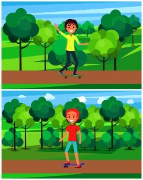 Young boy on skate in green park with trees isolated. Cute skater cartoon character, teenage skater ride in forest vector illustration cartoon style. Young Boy on Skate in Green Park with Trees Vector