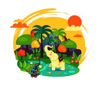 Indian jungle with leafy trees, tall palms, white elephant, bright peacock, funny monkey, small river and orange sun in sky vector illustration.. Indian Jungle with Tall Trees and Exotic Animals