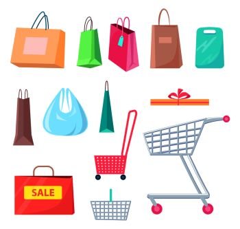 Sale collection of bags and carts, sale and packaging, shopping baskets and carts, shopping elements vector illustration isolated on white background. Sale Collection of Bags Carts Vector Illustration