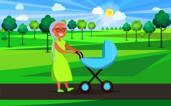 Senior lady with blue trolley pram walking in city park taking care about newborn boy on background of green trees in park vector illustration. Senior Lady with Trolley Pram Walking in City Park