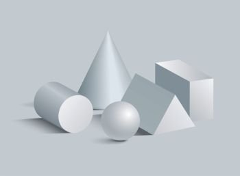 Cone cylinder sphere cuboid and triangular prism 3D geometric white shapes. Three dimensional cuboid and cone triangular prism sphere cylinder vector. Cone Cylinder Sphere Cuboid and Triangular Prism 3D