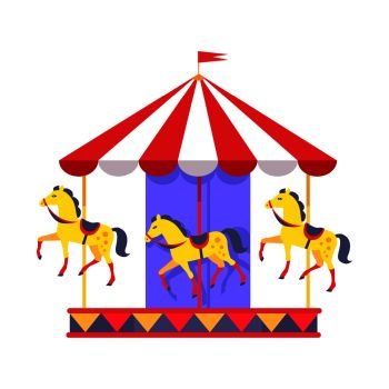 Merry-go-round with funny horses in saddles and striped roof with red flag on top isolated vector illustration on white background.. Merry-Go-Round with Funny Horses and Striped Roof