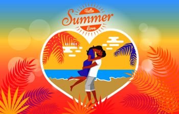 Hello summer love heart shape poster with man lifting his girlfriend and kissing on seaside under palm tree vector on background of sea and sky. Man Lifts his Girlfriend and Kisses Illustration