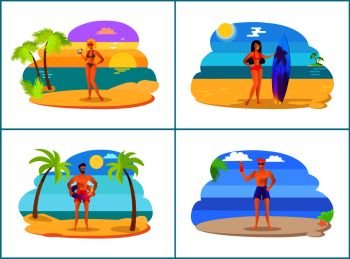 Men and women on summer vacation near sea set. People on beach among palms and sea. Summer vacation at tropical country isolated vector illustrations.. Men and Women on Summer Vacation Near Sea Set