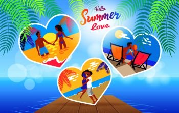 Summer love banner with photos of lovely young couple relaxing and dating on beach in hot season vector posters in heart shape on background with pier.. Summer Love Time Banner with Photos of Couple