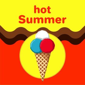 Hot summer poster with ice cream in waffle cone with colorful balls vector illustration banner on orange background with wavy chocolate lines. Hot Summer Poster with Ice Cream in Waffle Cone