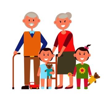 Grandparents and grandchildren, poster of family, people with good emotions, kid with teddy bear, children and toys, isolated on vector illustration. Grandparents and Grandchildren Vector Illustration