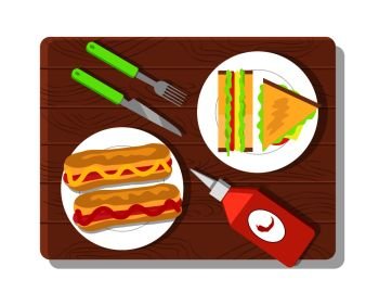 Food placed on wooden board, sandwich and hot dog, ketchup bottle, fork and knife, food and picnic vector illustration isolated on white background. Food Placed on Wooden Board Vector Illustration