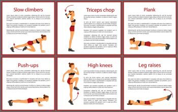 Slow climbers and plank, tabata triceps chop, push ups and high knee, leg raises posters collection, posters tabata isolated on vector illustration. Slow Climbers Plank Posters Vector Illustration