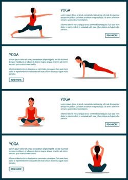 Yoga pages collection web internet sites set with headlines text sample and buttons woman keeping fit vector illustration isolated on white background. Yoga Pages Collection Web Vector Illustration