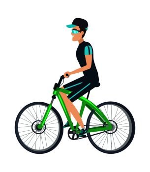 Cheerful biker on green vehicle isolated on white background, vector illustration with cute bike, bright glasses, cap with blue visor, grey chain. Cheerful Biker on Green Vehicle Isolated on White