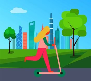 Girl riding on kick scooter at background of skyscraper buildings in city park vector illustration girl on kick scooter at spring or summer season vector. Girl RidingKick Scooter Background of Skyscraper
