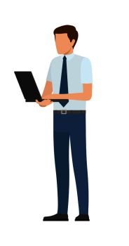 Office worker with notebook, startup with internet concept, freelancer. Man standing full length working on laptop vector illustration isolated on white.. Office Worker with Notebook, Startup with Internet