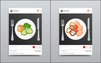 Posts collection on instagram, set of posts with dishes and vegetables, healthy food on instagram, social network isolated on vector Illustration. Posts Collection on Instagram Vector Illustration