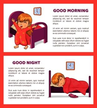 Good morning and night set of banners with text sample and headlines, girl sleeping and waking up, morning and night isolated on vector illustration. Good Morning and Night Set Vector Illustration