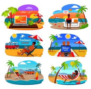 Summer freelance distant work colorful posters set vector illustration green palm trees cheerful people with laptops, seascapes and job on vacation. Summer Freelance Distant Work Colorful Posters Set