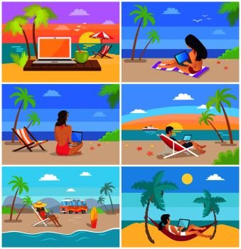 Laptop and people by seaside working, distant work freelance, freelancers hold notebooks collection, set with sea isolated on vector illustration. Laptop and People by Seaside Vector Illustration