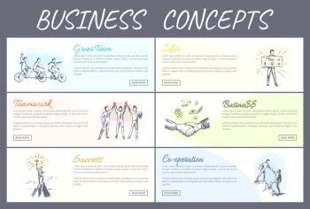 Business concept, great idea success collection web pages, text samples and buttons, set of banners, vector illustrations collaboration in team building. Business Concept Collection Vector Illustration