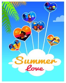 Summer love photos in heart shape frame, happy couples on vacation at seaside kiss on sunset, hug on beach and hold each others hands in ocean vector. Summer Love Photos of Couples in Heart Shape Frame