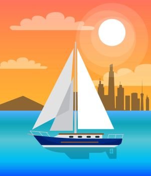 Sail boat with sails in blue water at sunset on background of skyscrapers vector illustration of sailing yacht, buildings on backdrop, modern boat in sea. Sail Boat with Sails Blue Water at Sunset Vector