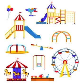 Funny slides, colorful merry-go-round, metal swings, big ferris wheel, square sandbox and bright balloons vector illustrations set.. Attractions from Children Playground Illustrations