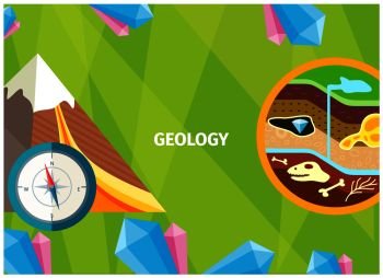 Geology as one of fundamental Earth sciences. Vector illustration of minerals and structure of rocks in Earth s crust with compas icon. Banner of Geology as Science About the Earth