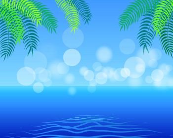 Summer background with palm leaves in the corner, calm sea and horizon of blue sky. Vector illustration of natural landscape in hot summer day. Summer Background with Palm Leaves in the Corner,