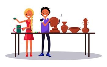 Cheerful teenagers in class at art school isolated vector illustration on white background. Boy sculpting head from clay and girl finishing her cat figure. Teenagers in Class at Art School Illustration