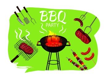 Barbecue party, and meal poster, knife and forks, meat and BBQ, vegetables and fire, vector illustration, isolated on white background. Barbecue Party and Meal Poster Vector Illustration