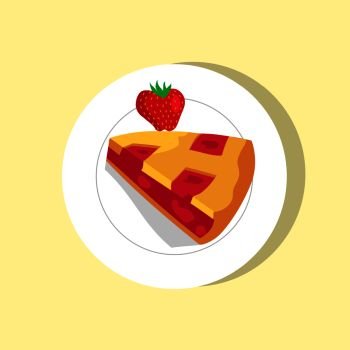 Sweet pie with cute strawberry vector illustration, bakery food, fresh berry, pie piece, white round plate, fruitty filling, tasty pastry, tea snack. Sweet Pie with Cute Strawberry Vector Illustration