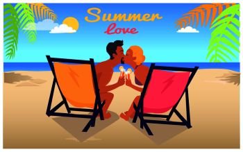 Summer love background with man and woman kissing each other in recliners on sandy beach with blue ocean and exotic palms vector illustration.. Man and Woman Kiss in Recliners on Sandy Beach
