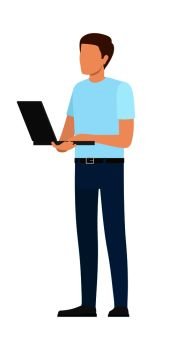 Man standing full length working on laptop vector illustration isolated on white. Office worker with notebook, startup with internet concept, freelancer. Man Standing Full Length Working on Laptop Vector