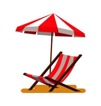 Lounge and umbrella icons vector illustration isolated on white background striped summer equipment, comfortable sitting place chaise in shadow. Lounge and Umbrella Icons Vector Illustration