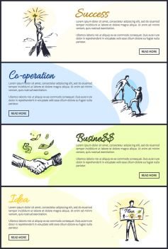 Success and co-operation collection of internet sites headlines, text sample info, successful teamwork set vector illustration isolated on white. Success and Co-operation Set Vector Illustration
