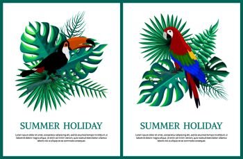 Summer holiday posters set of banners and text sample, collection birds, summertime fest, parrot and toucan vector illustration isolated on white. Summer Holiday Posters Set Vector Illustration