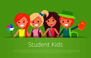 Student kids banner with text isolated vector illustration with inscription on green background. Joyful children during classes or on break. Student Kids Banner with Text Vector illustration