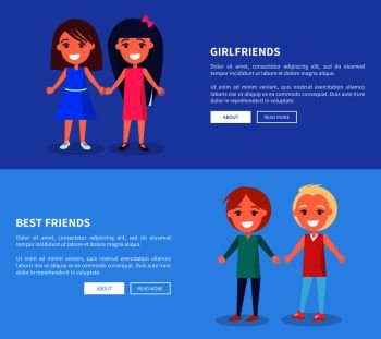 Best friends girlfriends and boyfriends posters of active kids vector set. Happy infants holding hands with place for text on blue web banner. Best Friend Girlfriends and Boyfriends Posters Set