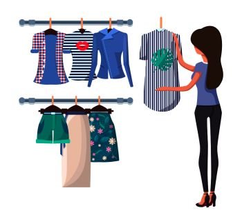 Pretty woman back view on shopping. Girl going to buy new fashionable dress vector, woman in shop near rows with stylish shirts and skirts. Pretty Woman Back View Shopping. Girl Going to Buy