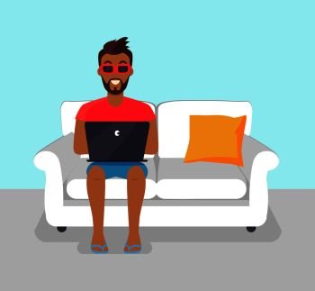 Cheerful bearded man freelancer in sunglasses working at home, vector illustration image with distant freelance worker sitting on white sofa and pillow. Cheerful Bearded Man Freelancer Working at Home