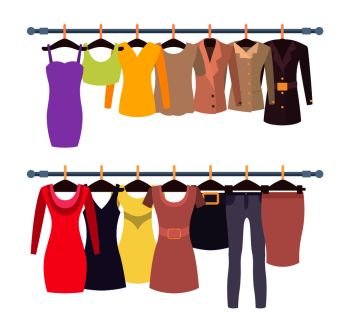 Racks with female shirts and dresses on hangers. Spring clothes for women new collection. Elegant stylish tops gowns isolated vector illustrations. Racks with Female Tops and Dresses on Hangers