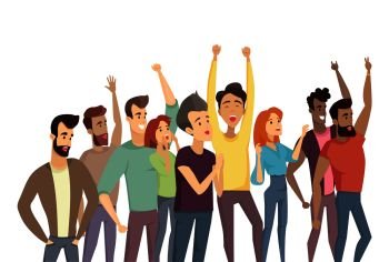 People crowd and pastime, humans raising hands up, demonstration throng, men women shouting smiling having fun, vector illustration on white background. People Crowd and Passtime Vector Illustration