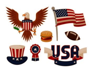 Various America symbols vector set illustrations, eagle and burger american football ball flag, uncle s Sam hat near round bundle, USA label. Various American Symbols Vector Set Illustration
