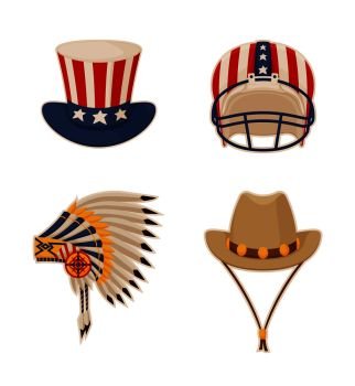 Hat and items connected to USA culture, hats with american flag, Indians headwear, cowboy cap uniform part of sport game collection vector illustration. Hat and Items Connected to USA Vector Illustration