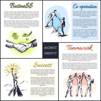 Business co-operation set money making concepts, text sample, teamwork and success, vector illustration cooperation team building of people aspects collection. Business and Co-operation Set Vector Illustration
