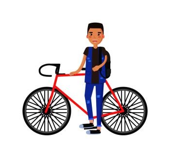 Cheerful sportsman near red bike vector banner, illustration of man in blue trousers and vest, pretty brunette boy with sport bicycle isolated on white. Cheerful Sportsman Near Red Bike Vector Banner