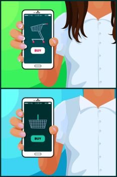 Buy screen of smartphone, collection with womans and mans hand, mobile phone showing application of web store, online market vector illustration. Buy Screen of Smartphone Set Vector Illustration