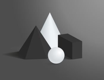 3D Geometrical shapes of black or white color. Sharp cone, dark pyramid, small parallelepiped and smooth light sphere realistic vector illustrations.. 3D Geometrical Shapes of Black and White Colors