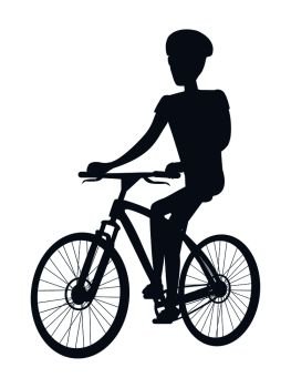 Dark silhouette of cyclist, vector illustration with sportsman on cute bike, man in special helmet, curved carcase, banner isolated on white backdrop. Dark Silhouette of Cyclist Vector Illustration